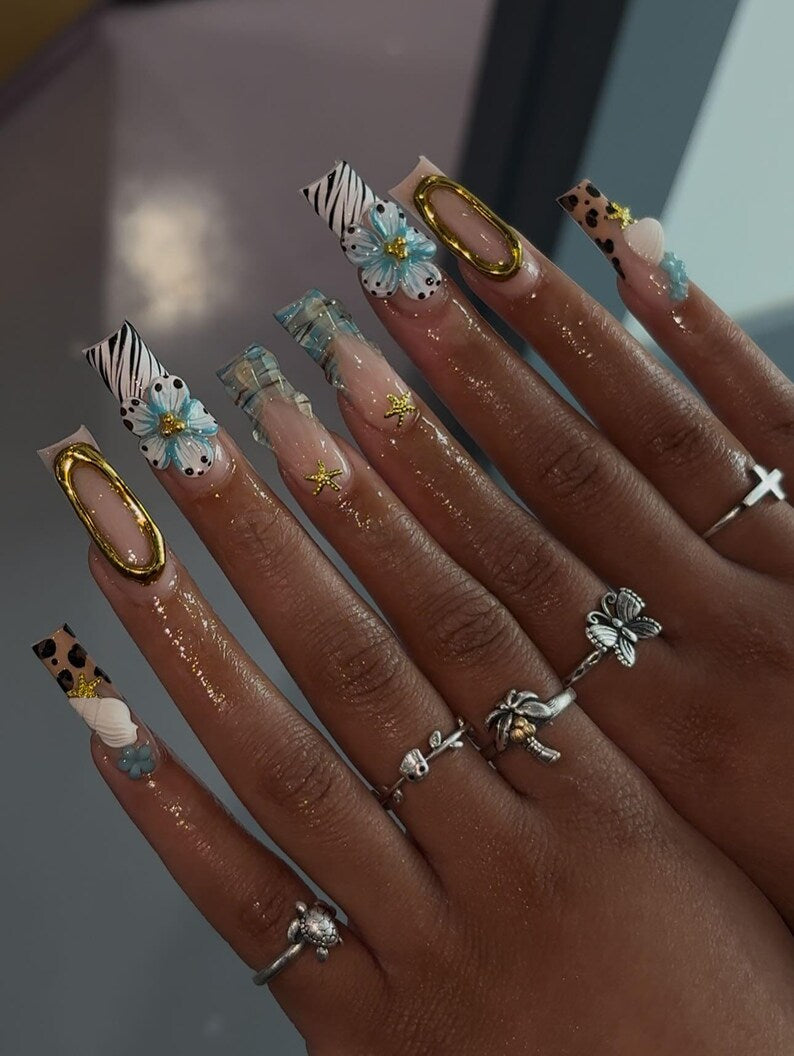 Luxury Animal Print Press On Nails | Long Coffin 3D Floral Nails | Zebra Leopard Gold Edge | Star Charm Press Ons