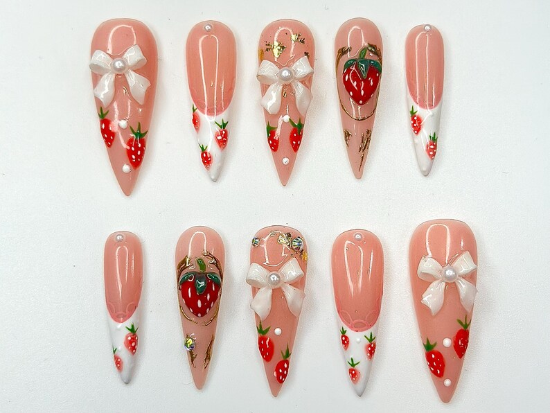 Cute Strawberry Bow Press On Nails | Pink French Tip Nails | Cute 3D Kawaii Nail Art | Handmade Luxury Press Ons