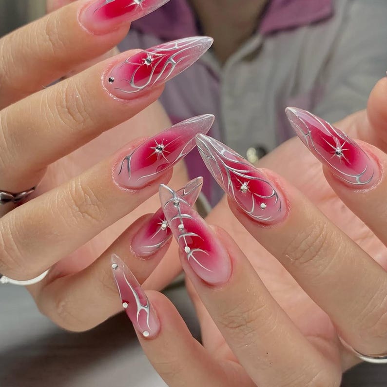 Gothic Valentine Press On Nails | Sparkly Ombre Pink Fake Nails | Artistic Pink Gradient Nail Art | Pink Glitter False Nail | Press Ons