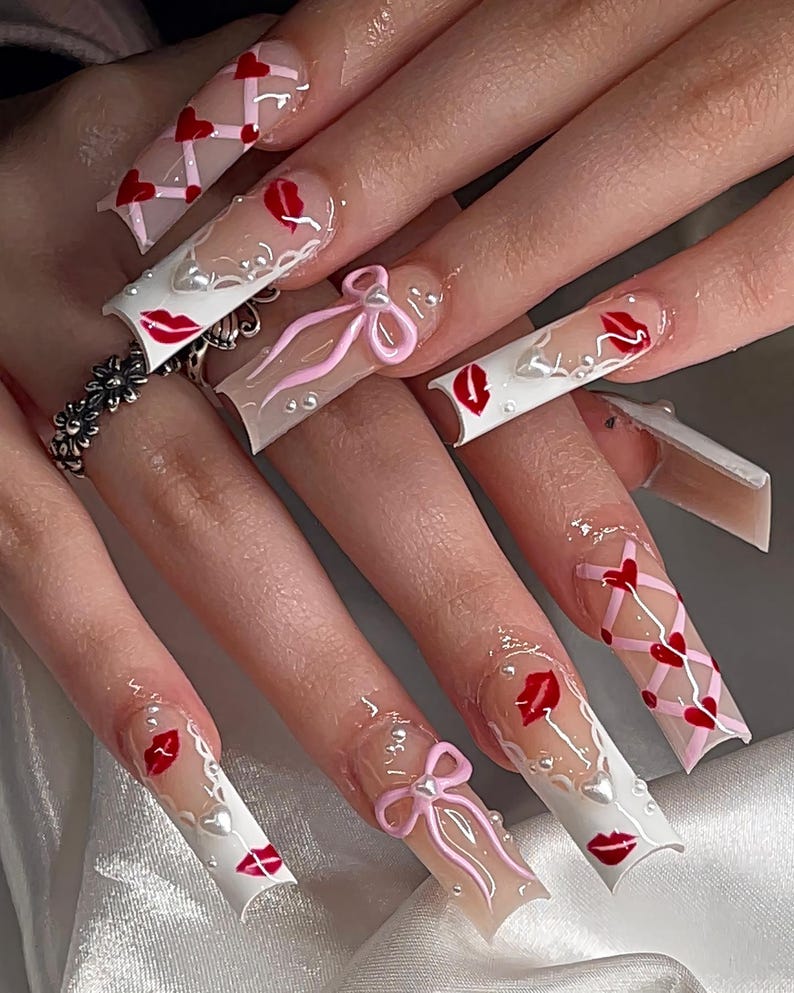 Red Kiss Press On Nails with 3D Pink Bow, White Heart Corset Nail Art, Cute Valentine Nails, Pink Ribbon Bow Nails, French Nails Tip Nails