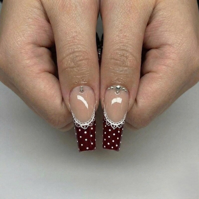 Luxury Burgundy French Tip Nails with 3D Bow, Plaid Holiday Press On Nails, Winter Lace Design, Long Square Reusable Nails