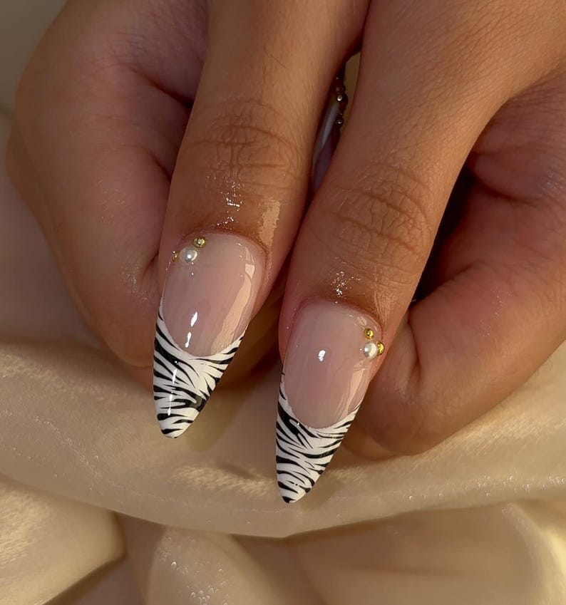 Zebra Glam Flower Press On Nails | Pink 3D Floral Rhinestone Nails | Long Stiletto Zebra Print Nail | Elegant Glam Safari Aesthetic Nail