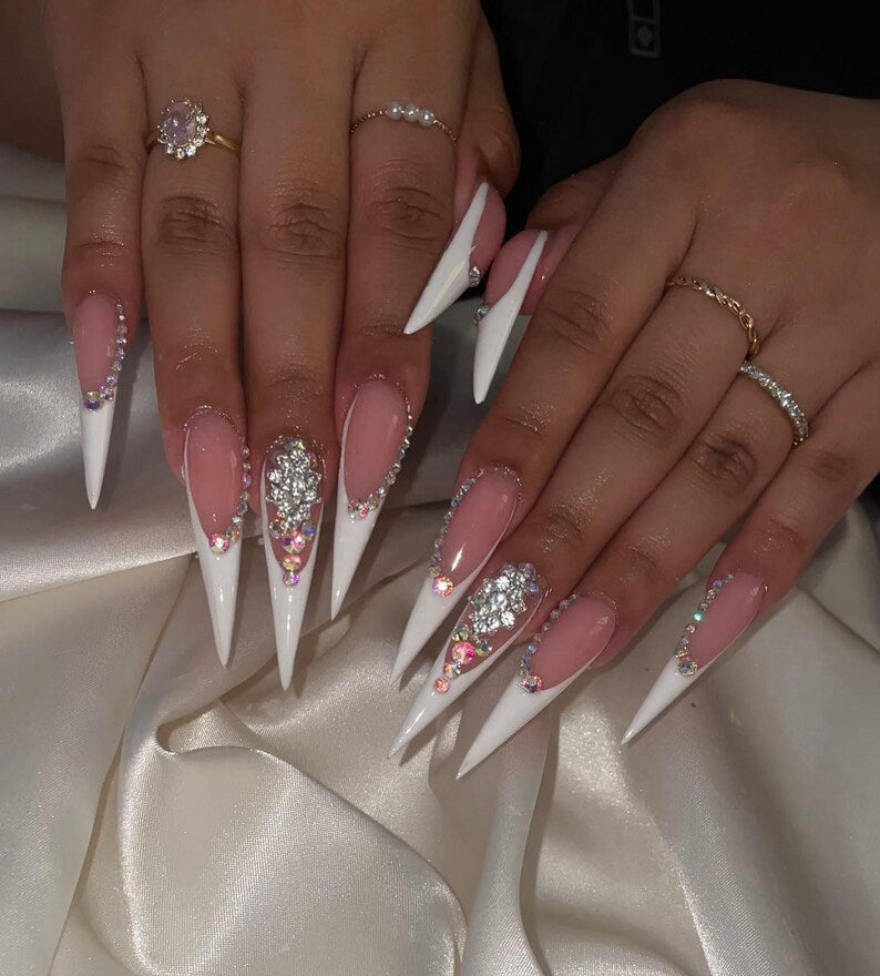 XL Stiletto Bling French Tip Press On Nails | Luxury Rhinestone Wedding Nail Art | Handmade Sparkly Glitter Party Fake Nails | Custom Nails