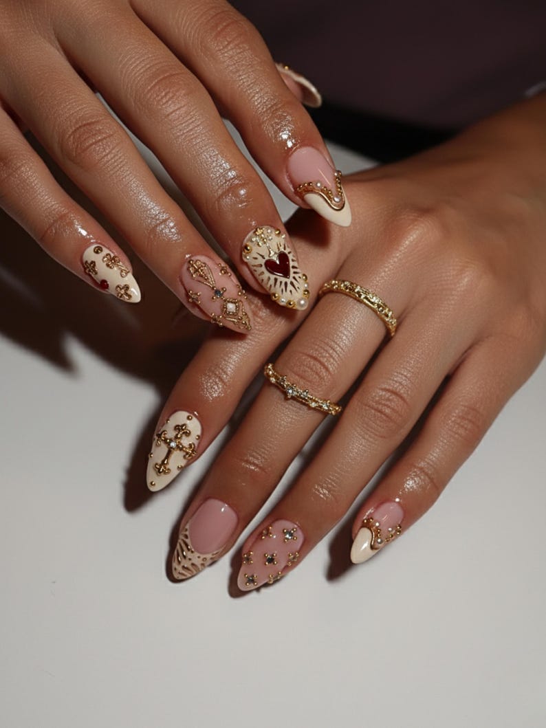 Golden Heart Baroque Press On Nails | Valentine Nails | Ivory Blush French Tips | Cross & Heart Nails | Vintage Religious Nail Art
