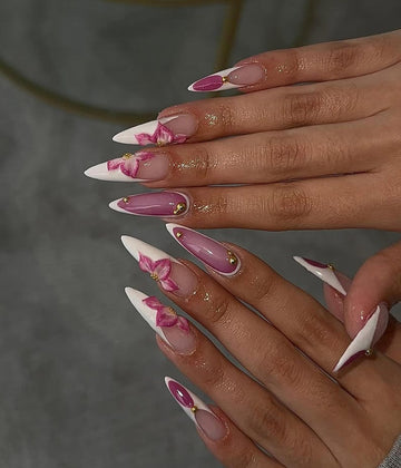 Elegant Orchid Bloom Press On Nails | White French Stiletto Nails | 3D Floral Accent| Elegant Pink & White Nail Art | Handmade Nail