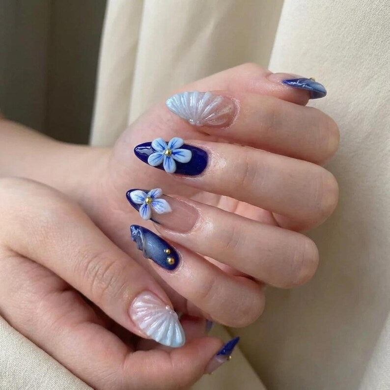 Blue Floral Press On Nails, Handmade 3D Flower Nails, Navy French Tip Cat Eye Nails, Reusable Gel Press Ons, Elegant Wedding & Party Nails