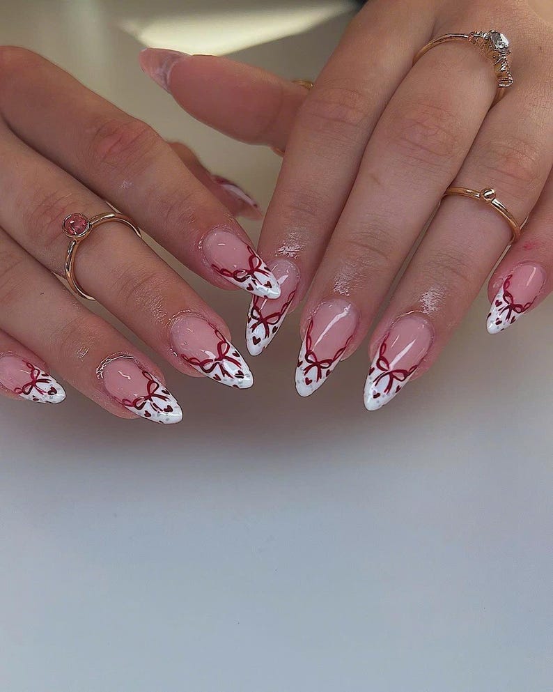 Valentine Red Bow Press-On Nails French Tip Heart Coquette Core Gift