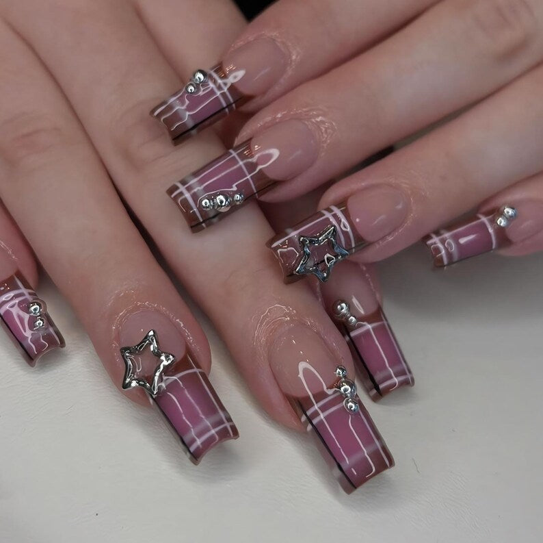 Y2K Star Press On Nails, Pink Plaid French Tip, Glossy Square Nails, Trendy 2000s Aesthetic, Pink Plaid French Tips with Silver Star charms