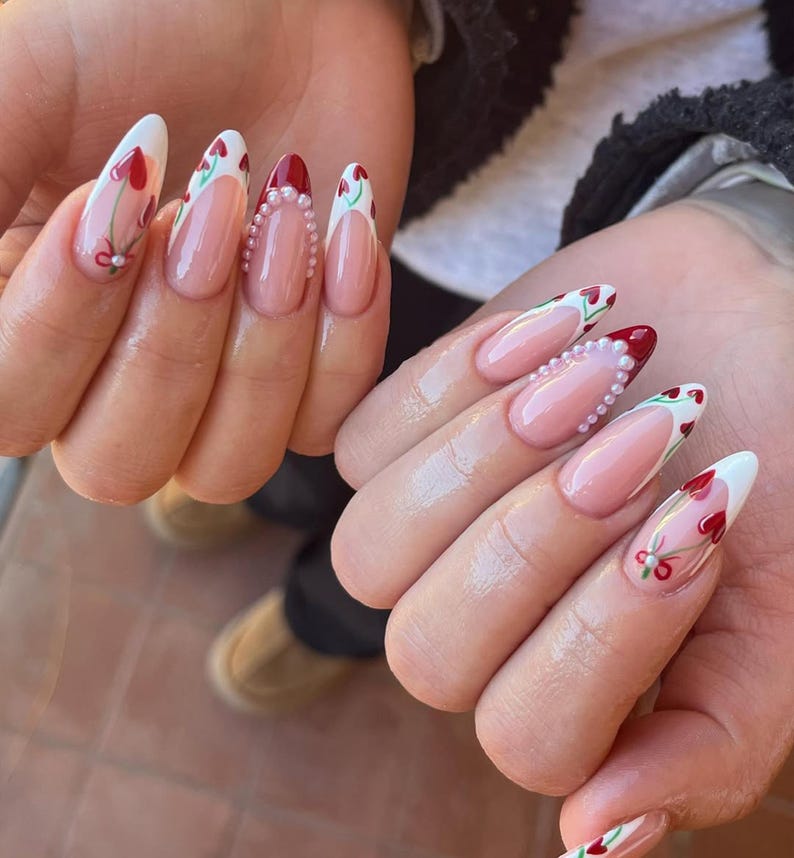 Valentine French Tip Heart Press-On Nails | Romantic Heart Design Nails with Pearl Accents | Red & White Heart Nails | Love-Inspired
