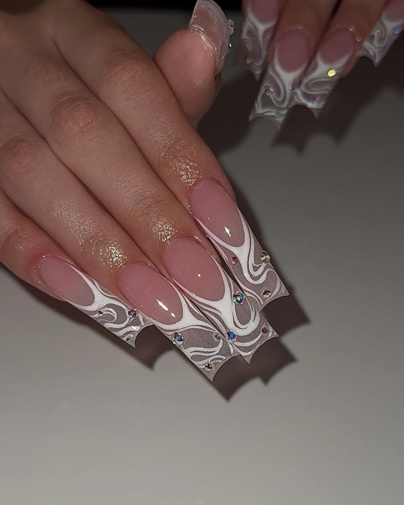 Elegant Abstract White Swirl French Tip Long Square Press On Nails | Jelly Nude Pink Fake Nails with Rhinestones | Trendy Design Clean Style