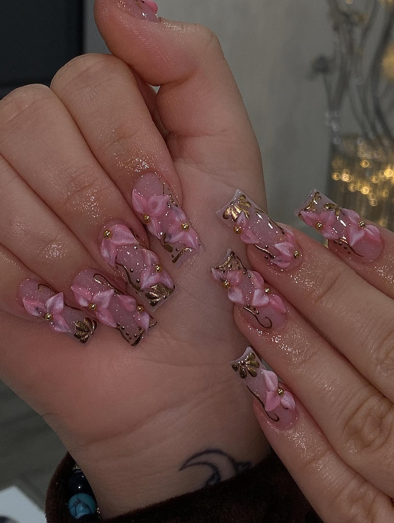 Pink 3D Floral Press On Nails | Long French Tip Barbiecore Nails | Pastel Gold Flower Charm | Girly Glossy Set | Elegant Long Fake Nails