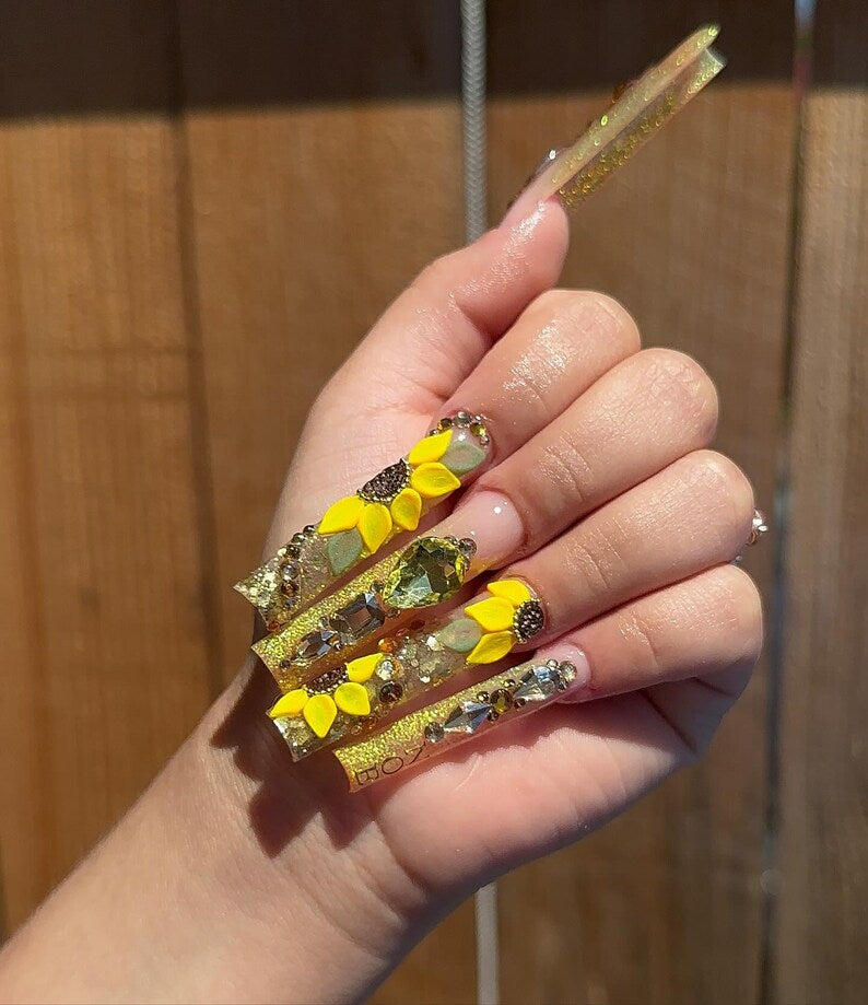 Sunflower Press On Nails: 3D Floral Nail Art | Luxury Gold Press On Nails | XL Square Sparkly Nails | Glam Sunflower Rhinestone Nail Art