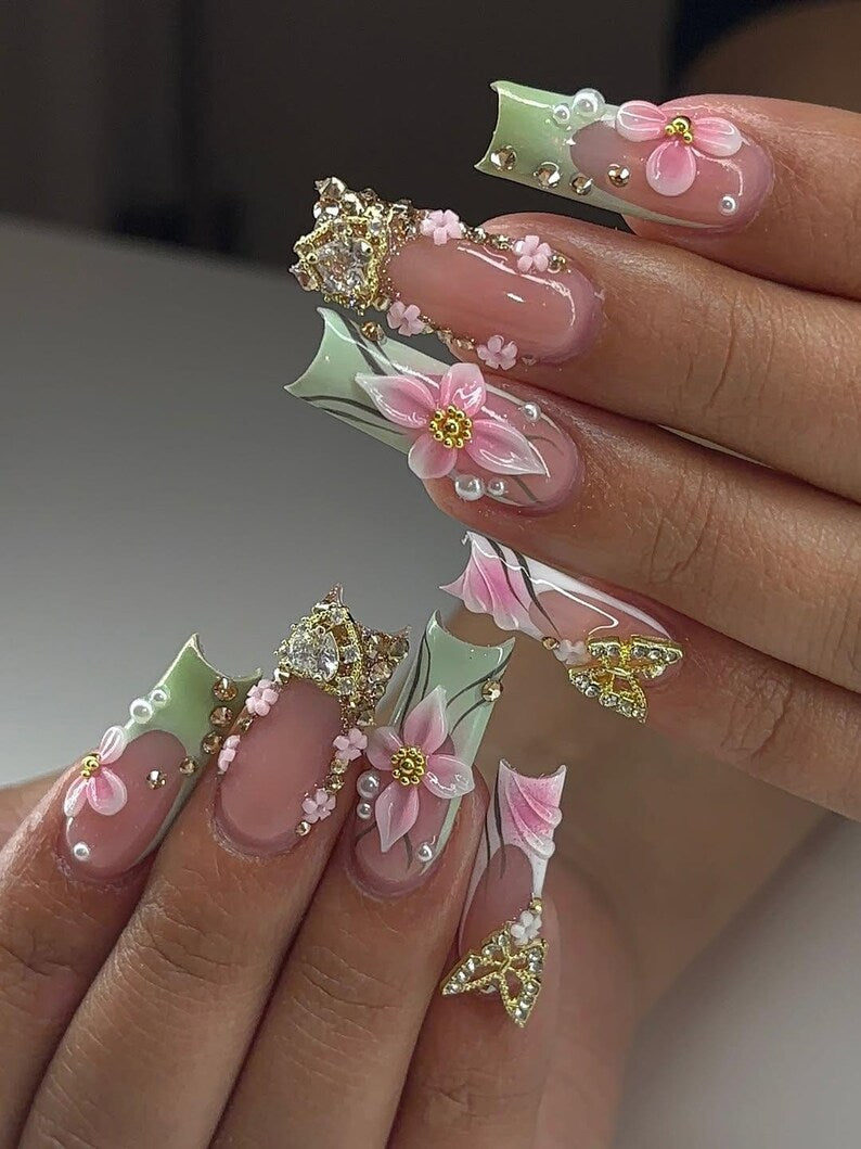Pastel Garden Bloom Press On Nails | 3D Pink Flowers & Gold Butterfly Accents | Mint Green French Tips with Gems