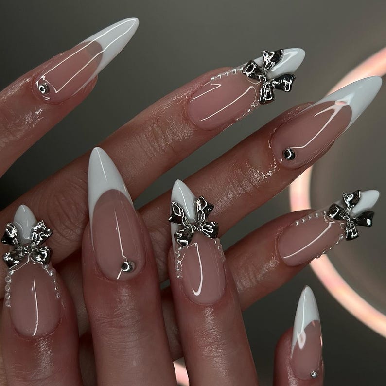 Elegant French Tip Press-On Nails with Silver Bow Accents , Wedding Nail, Reusable Nails, Sophisticated French Tip Nail Art, Press Ons
