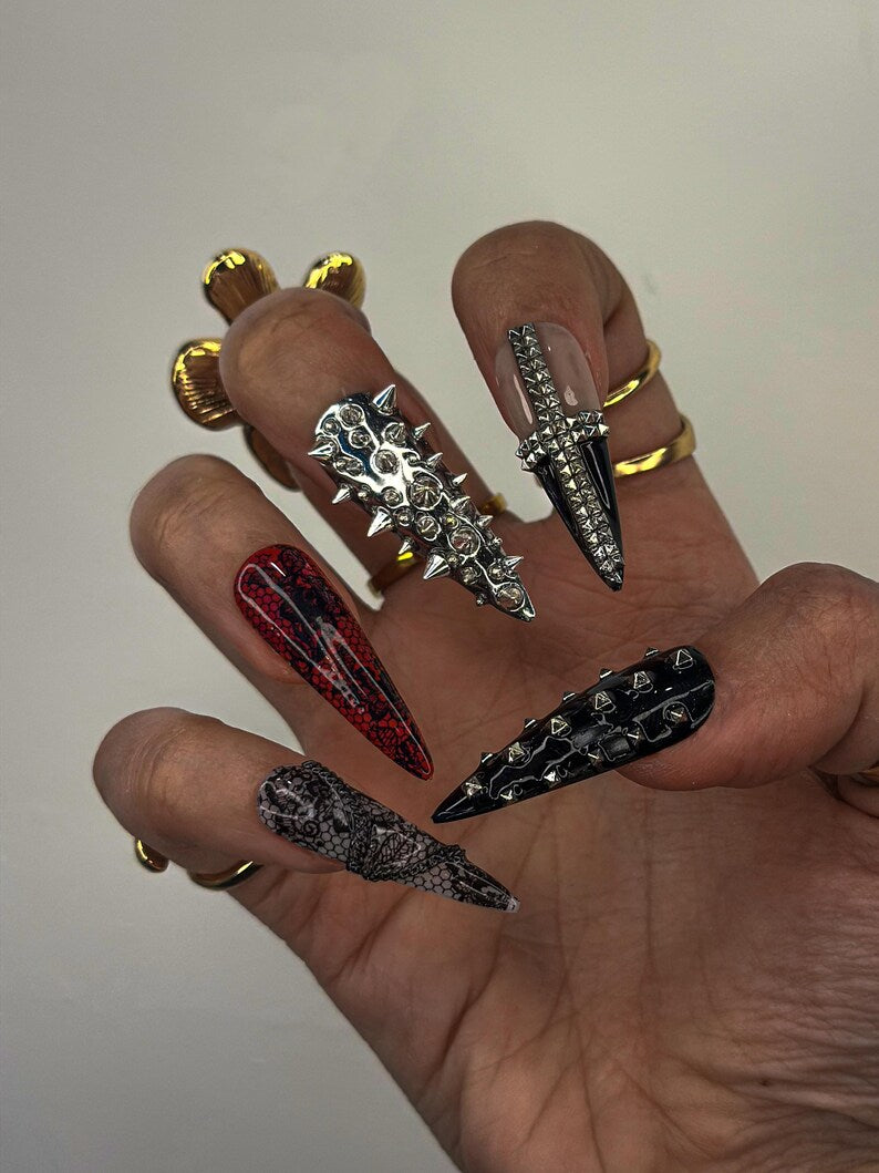 3D Metal Spike Press On Nails | Punk Nail Art | Red & Black Snakeskin Press Ons | Gothic Spike Nails | Rock Glam Halloween Nail Set