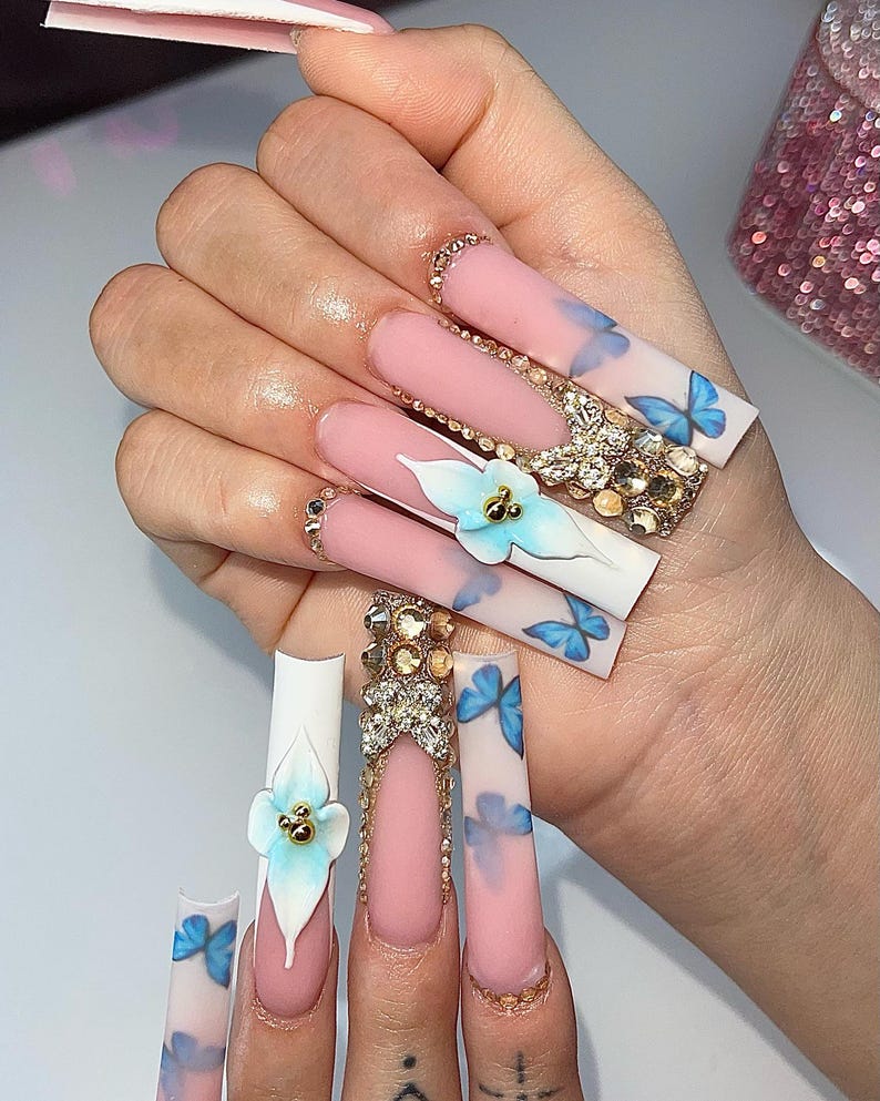Blue Butterfly Press On Nails | XL Square French Tip Nails | White Blue 3D Orchid Rhinestone Nail Art | Elegant Luxury Press Ons