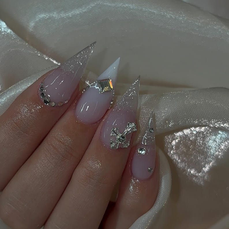 Luxe Bling Press On Nails | Milky French Tip Nails | Rhinestone Luxury Nail Art | Handmade Medium Stiletto Nails | Wedding Glam Fake Nails
