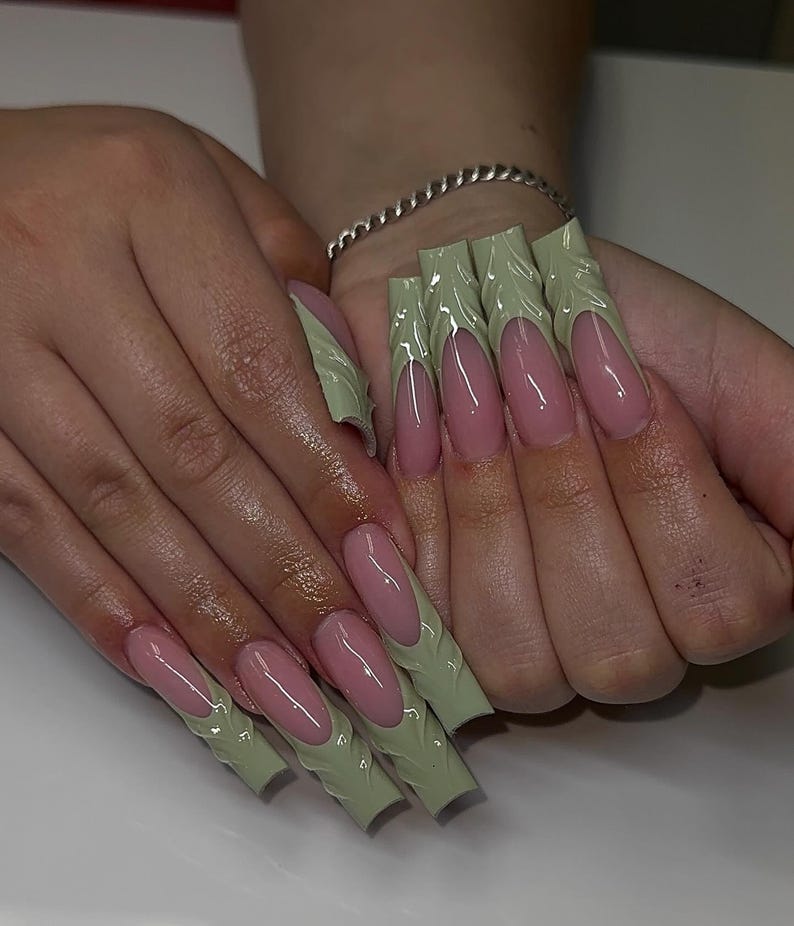 Elegant Sage Green 3D Textured V-French Press On Nails - Long Square - Minimalist Elegant Handmade Nail Art for Spring & Everyday Wear
