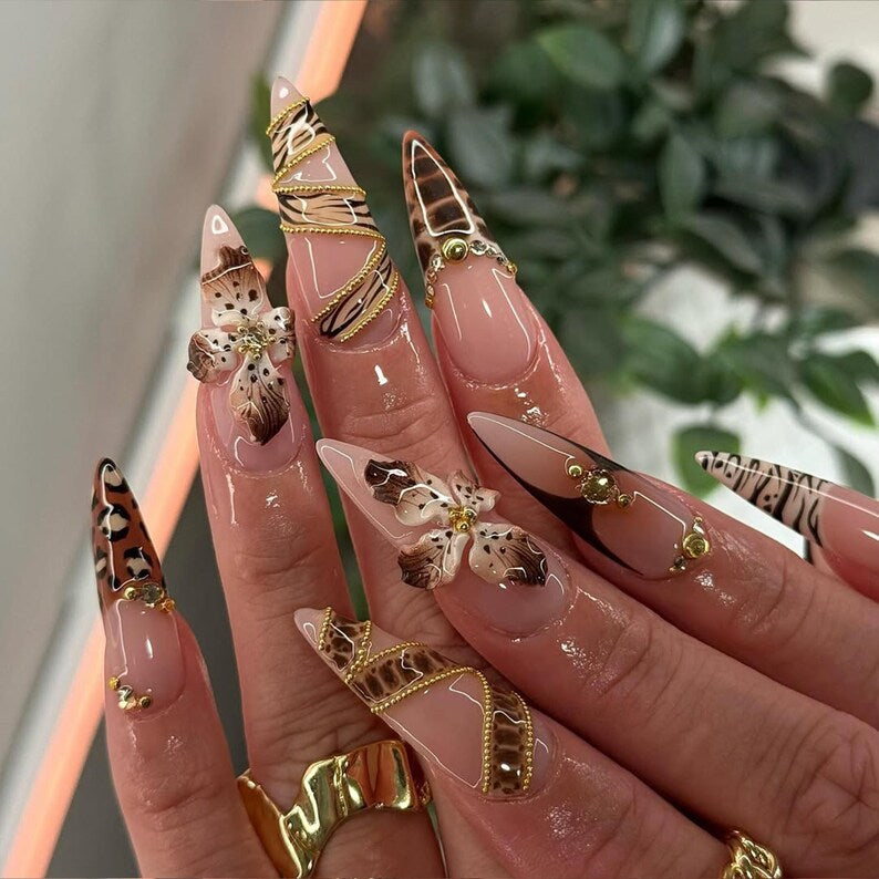 Luxury Brown Press On Nails | 3D Leopard Zebra Print Nail Art | Gold Chain Animal Nails | Wild Chic Long Press Ons