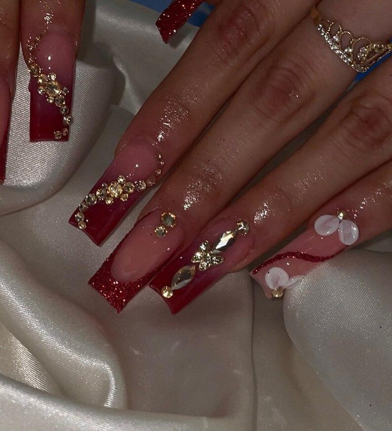 Luxury 3D Flower Red Glitter French Tip Press On Nails | Rhinestone Bling Long Square Fake Nails | Handmade Date Night and Wedding Nail Art