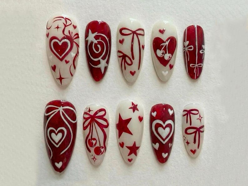 Crimson Valentine Bow Press On Nails for Romantic Girls | Handmade Ribbon & Star Fake Nails | Cream Red Vintage Heart Nail Art