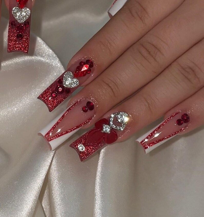 Red French Tip 3D Heart Charm Press On Nails | Glitter Valentine's Day Fake Nail | Handmade Romantic Nail Art for Date Night | Wedding Nails