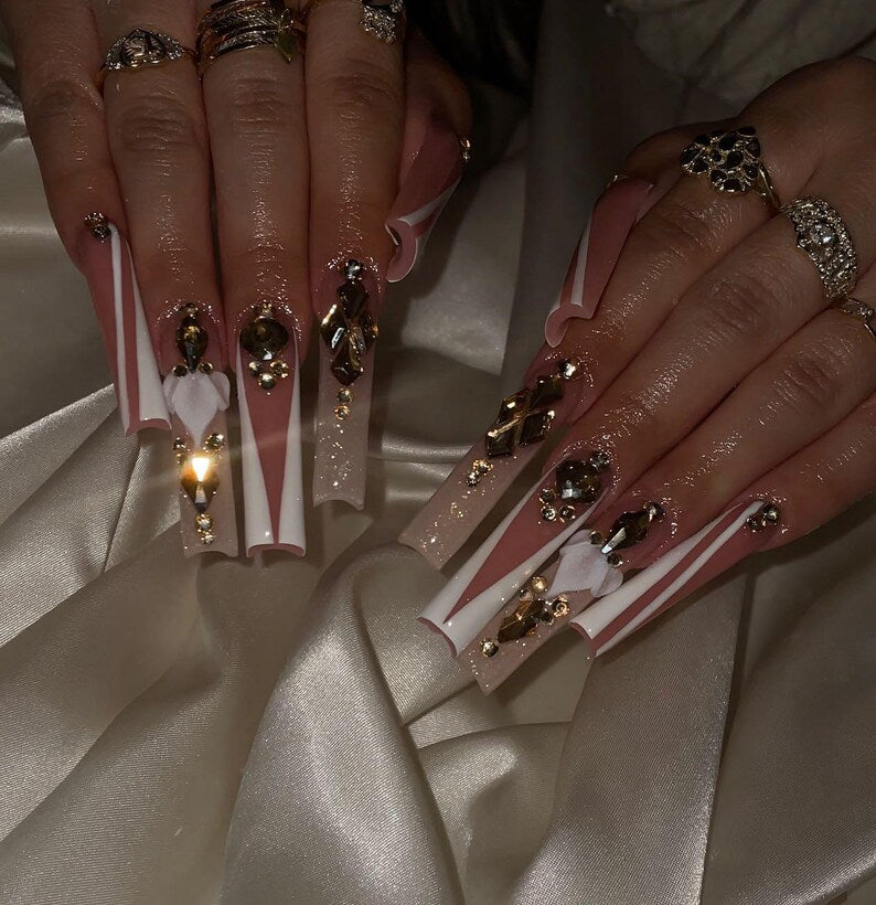 Luxury 3D Rhinestone Geometric White Lines XL Square Press On Nails | Gold Bling Baddie Nail Art | Gyaru Nails For Night Out Event