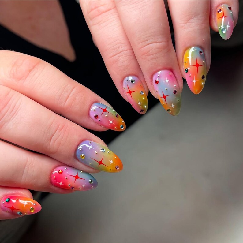 Rainbow Sparkle Press On Nails | Colorful Gradient Star Nails | Fun Festival Press Ons | Rhinestone Party Nails | Vibrant Nails