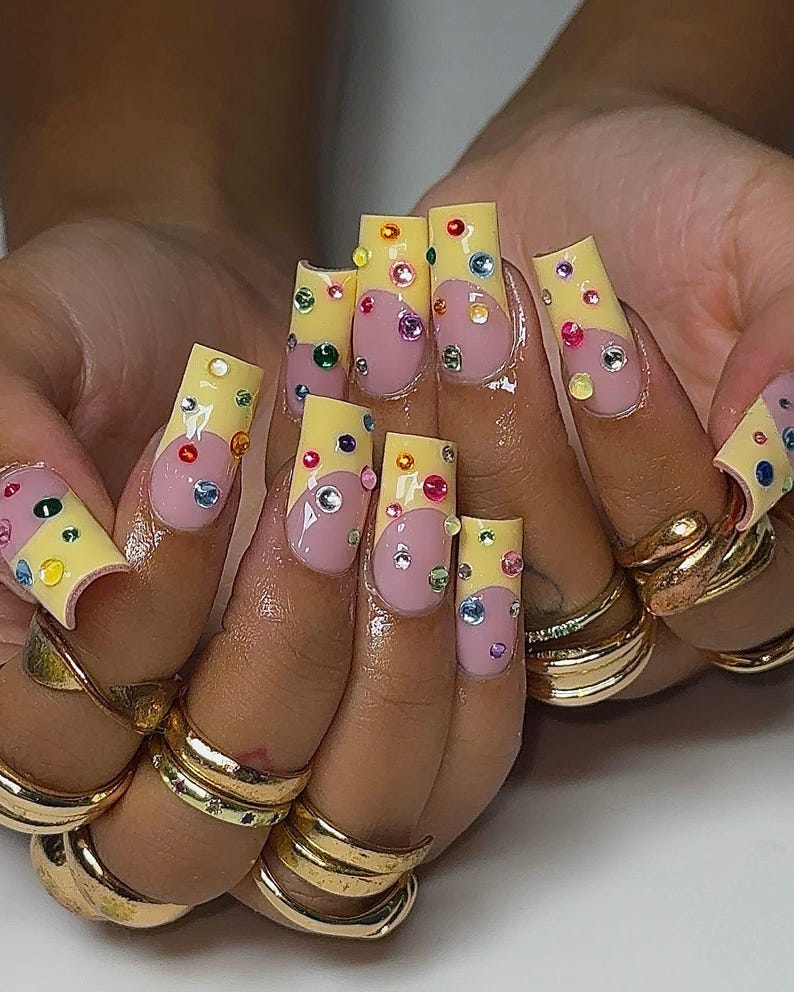 Colorful 3D French Tip Press On Nails | Hand Painted Spring Nails | Rainbow Rhinestone Acrylic | Boho Chic Set | Nail Gems For Spring Party