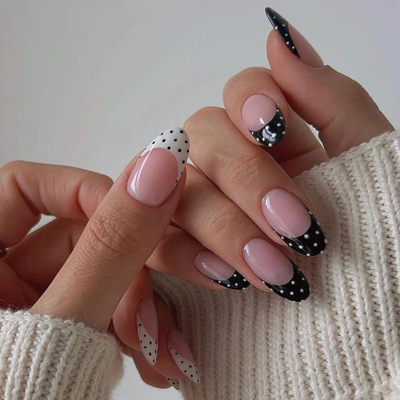 Black & White Polka Dot French Tip Press-On Nails – Classy Minimalist Almond Nail Set, Handmade Reusable Nail Art
