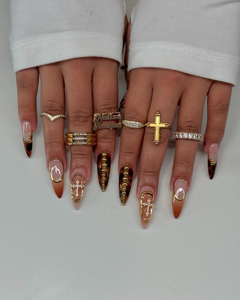 Gold Cross Gothic Long Stiletto Nails | Gothic Gold & Deep Burgundy Nail Art | Handmade Stiletto Nails | Elegant Fake Nails