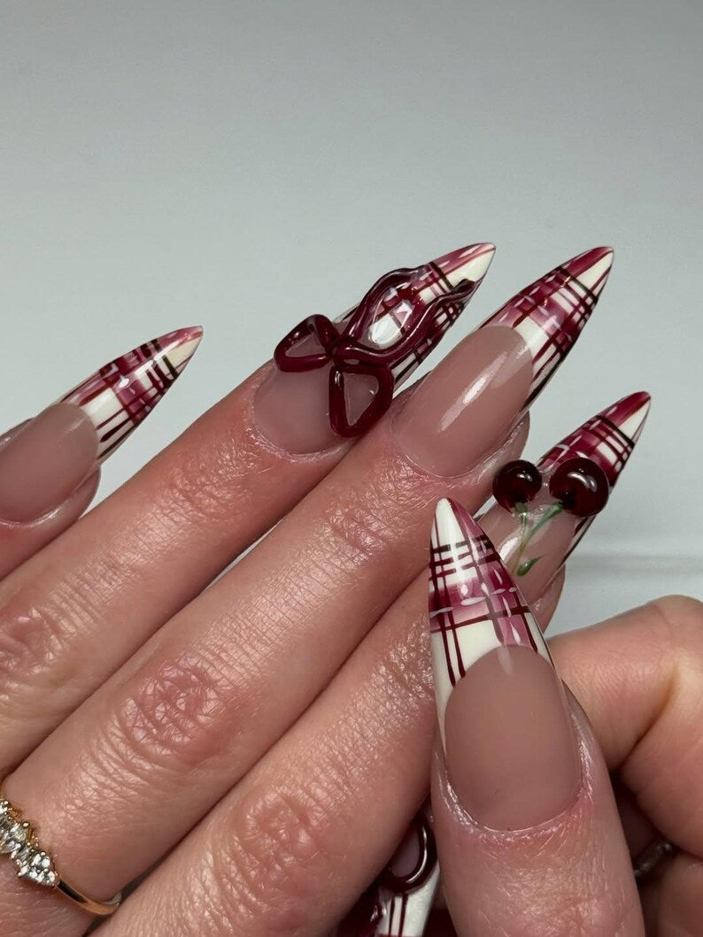 Cherry Tartan Couture Press On Nails for Valentine Days | Long Stiletto Nude Fake Nails | Burgundy Plaid & 3D Cherry Bow Nail Art
