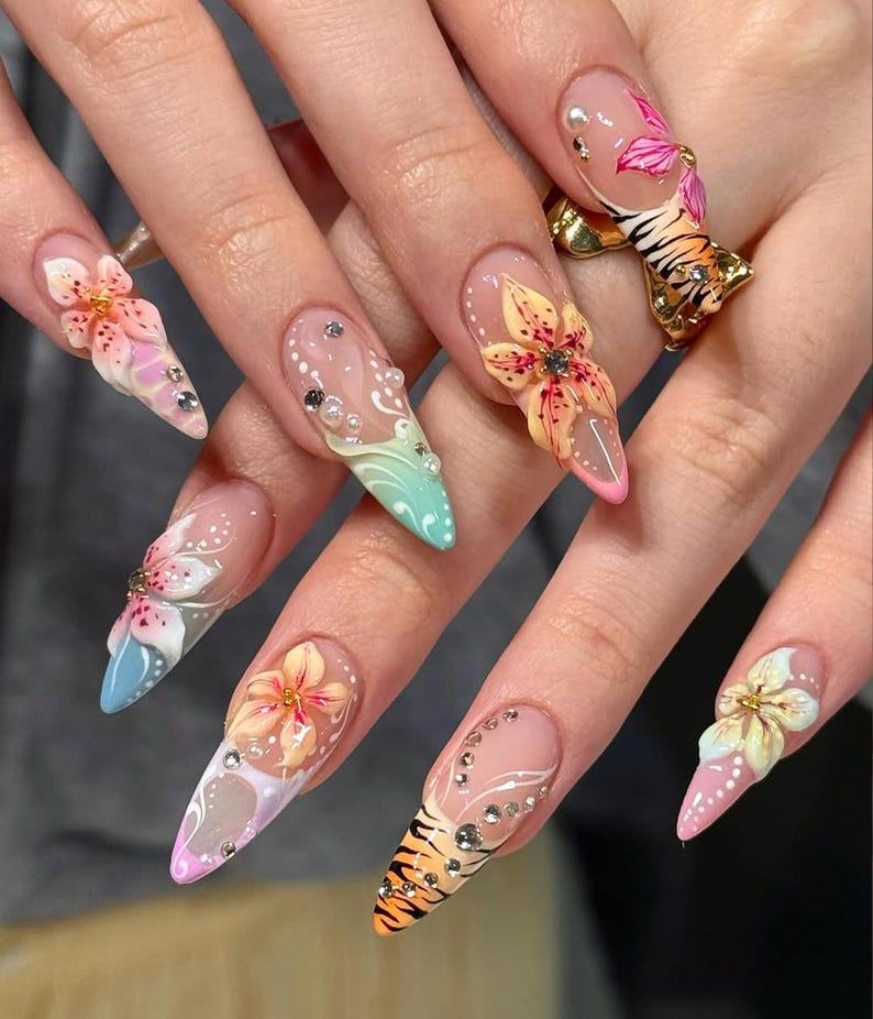 Tropical Glam Press On Nails | Floral & Tiger Nail Art | Y2K Pastel Summer Nails | Bold Vacation Nails | Long Stiletto Leopard Nail
