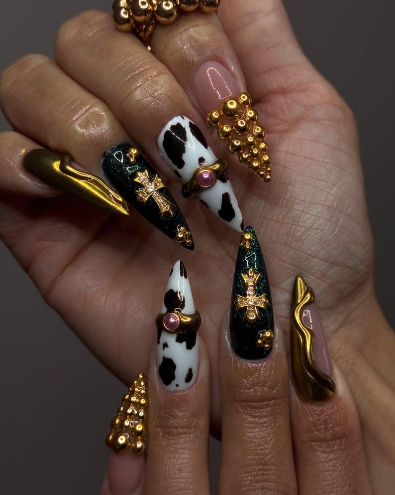 Cow Print Gothic Press On Nails By SugarNailArt | Black Gold Gothic Fake Nails | Luxury Gothic Nail Art | Edgy Bold Press Ons