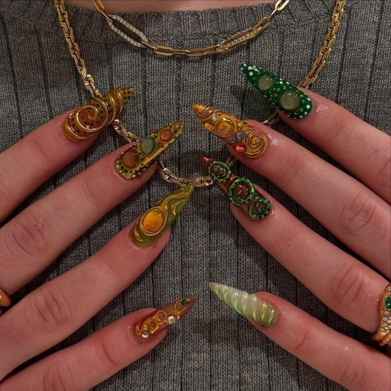 Colorful 3D Texture Press On Nails By SugarNailArt | Eye Art Fake Nails | Funky Gold Accent Nail Art | Color Pop Press Ons | Luxury