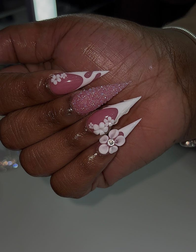 Elegant Orchid Press On Nails | White French Tip Stiletto Nails | 3D Floral Accent | Pink White Handmade Press Ons