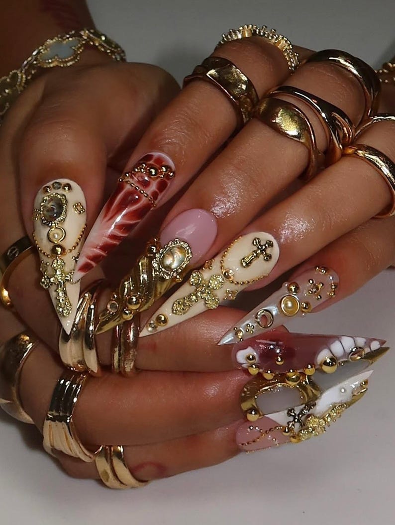 Freestyle Luxury Baroque Gold 3D Press On Nails with Cross Pearl Gem Design, Long Almond Handmade Gothic Nail Art Set For Party, Birthday