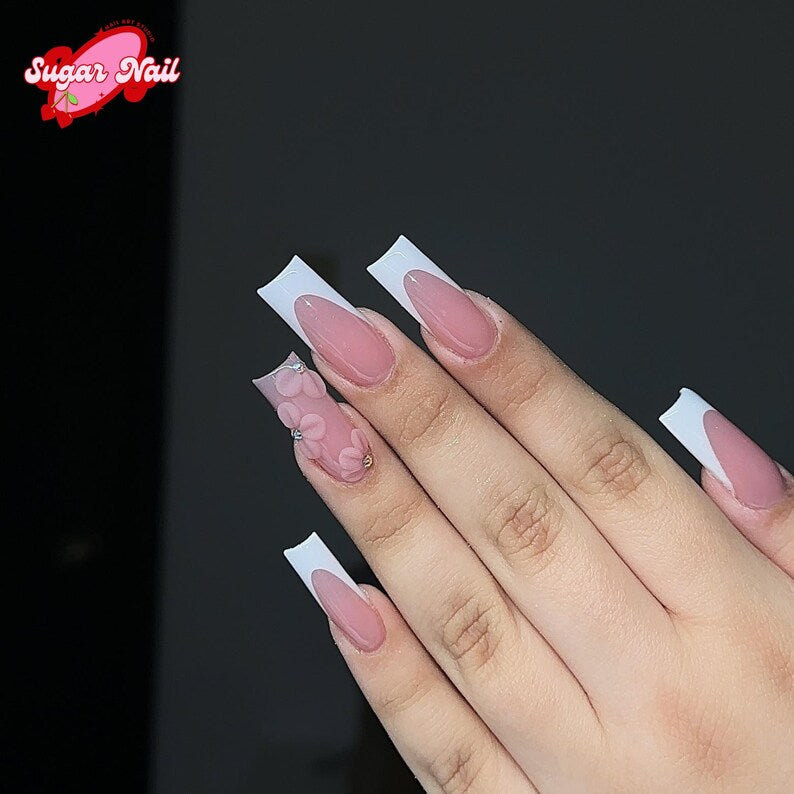 French – Press-On Nails with Neutral Pink Base, White French Tips & Floral Accents | Handmade Fake Nails Glue-On Nail Extensions