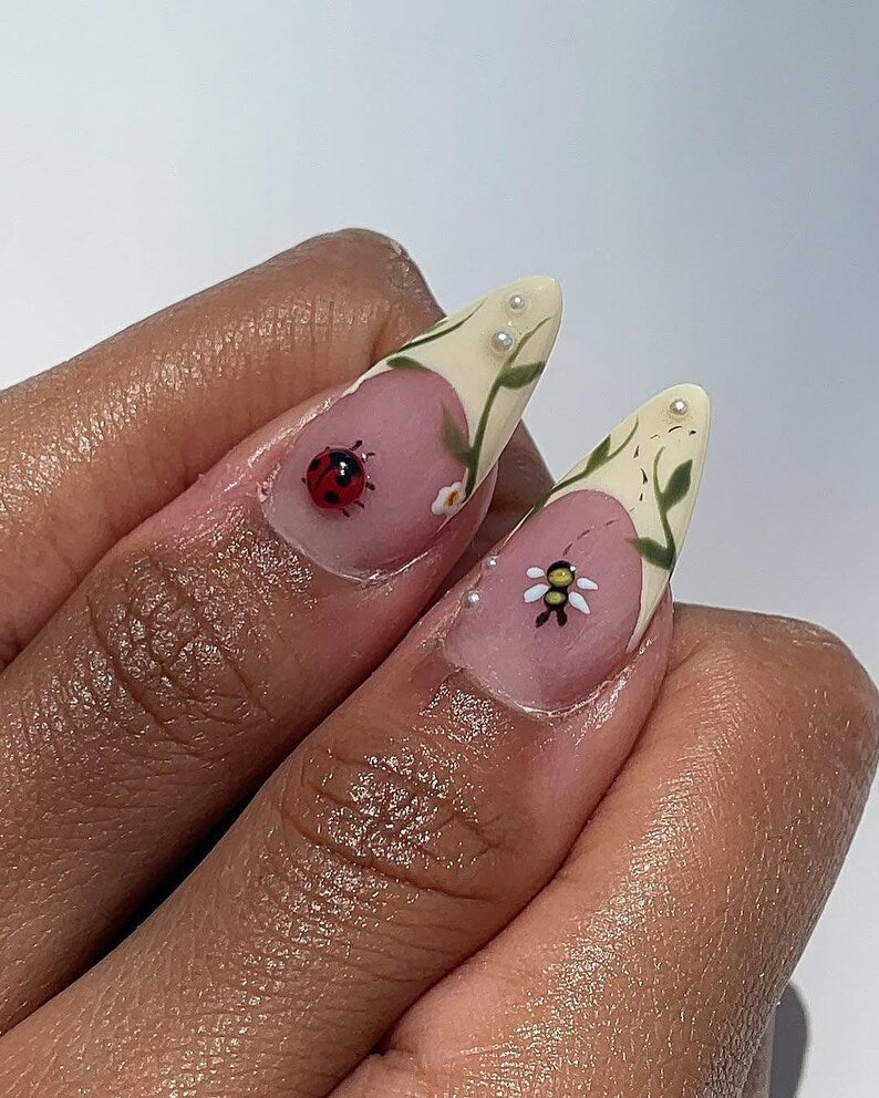 Ladybug Press On Nails, Cute Summer French Tip Nails with 3D Bug Design, Handmade Long Almond Fake Nails
