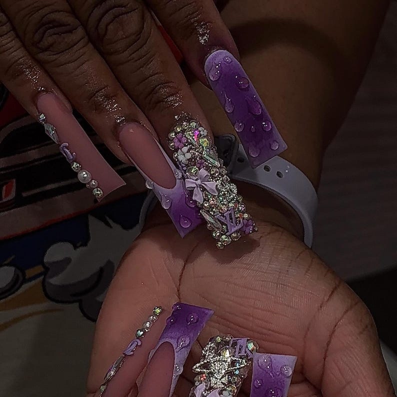 Purple Frencch Tip Press On Nails | Hand-Painted ombre Nail Art | Vibrant Print Nails & Silver Butterfly Accents