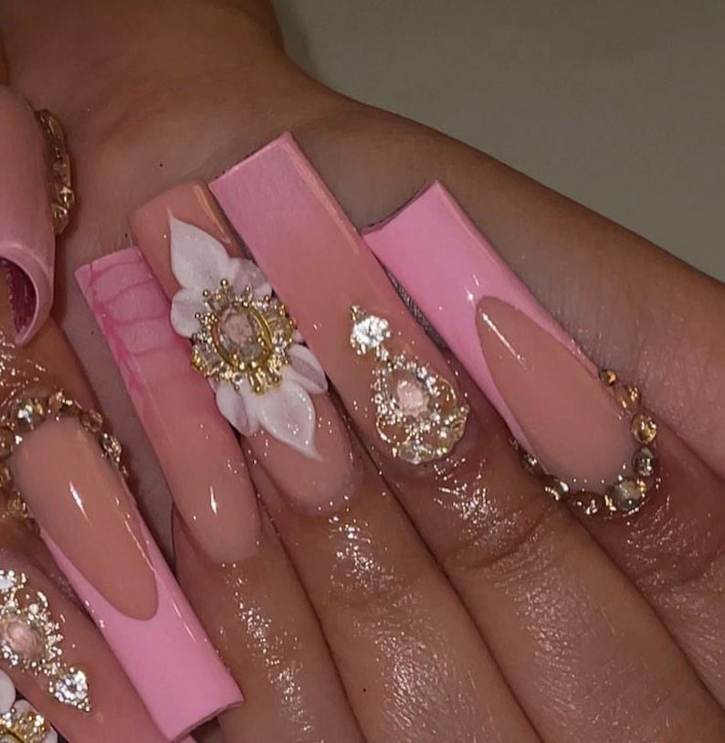3D Flower Pink Crocodile Print Luxury Press On Nails | XL Square French Tip with Dangling Charms & Rhinestones | Long Nails For Clean Girls