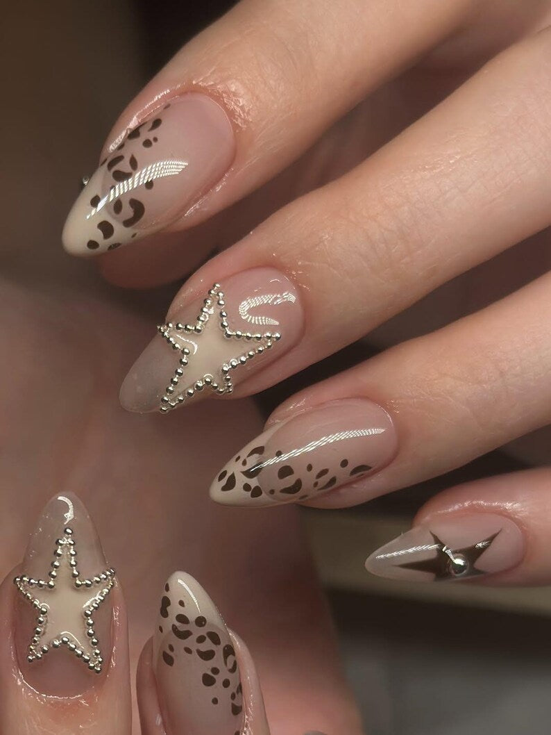 Wild Star Leopard Nude Press On Nails for Trendy Girls | Almond Neutral Fake Nails | Brown Animal Print & Crystal Star Nail Art