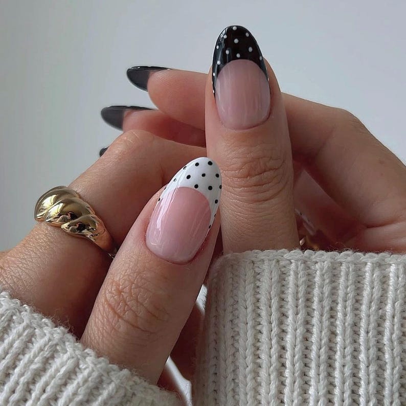 Black & White Polka Dot French Tip Press-On Nails – Classy Minimalist Almond Nail Set, Handmade Reusable Nail Art