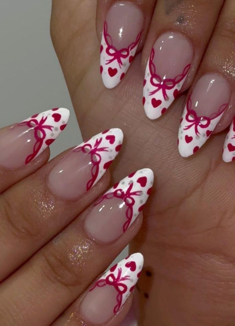 Valentine Red Bow Press-On Nails French Tip Heart Coquette Core Gift