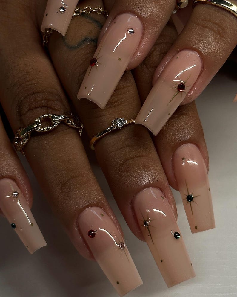 Nude Cat Eye Press On Nails | Long Square Stiletto 3D Gold Chrome Star Bling Nails | Cute Birthday Daily Nails | Pearl Customized Style