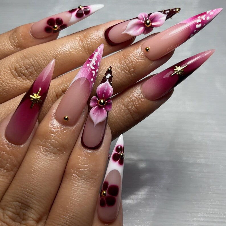Wine Marble & 3D Floral Press On Nails | Glossy Pink Purple Ombre Gradient | Crystal Embellishments And Metallic Accents