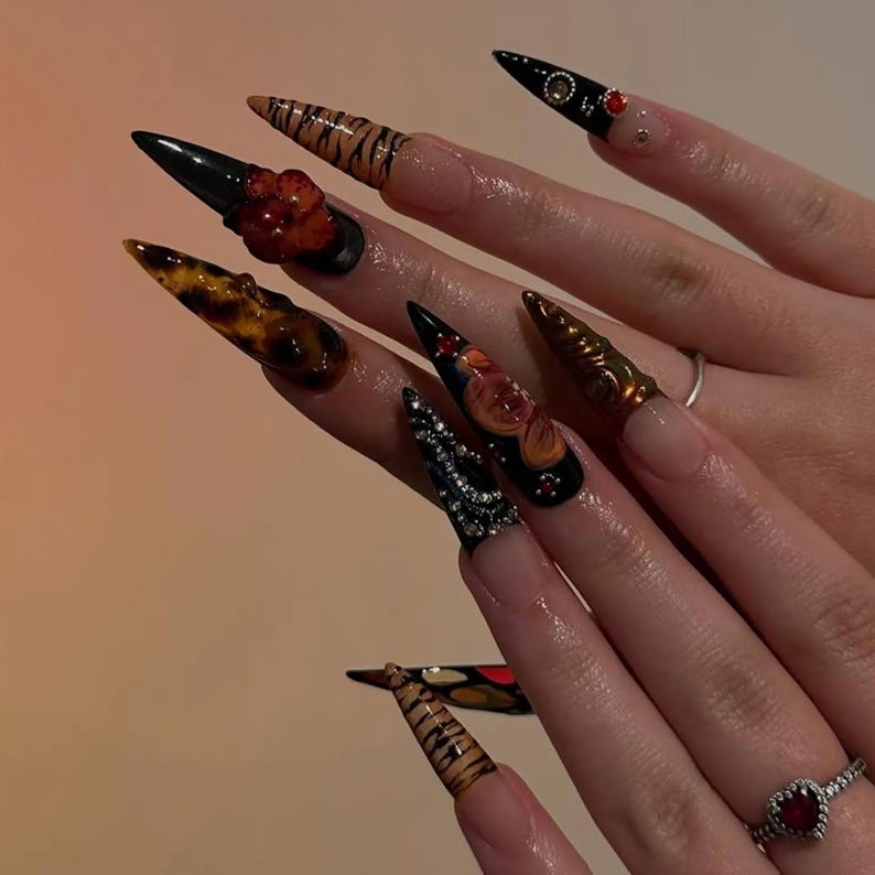 Wild Bloom Safari Press On Nails | Leopard Zebra Print & 3D Red Flower Art |Black Red Gradient Glossy Stiletto Tips | Animal Print Nail
