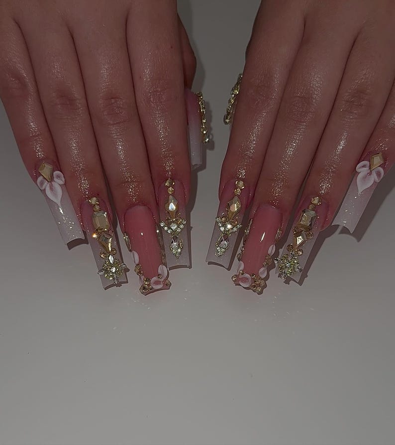 Hand-Painted 3D Flower Luxury Pink and White XL Square Press On Nails | Gold Crystal Bling Bridal Nails | Handmade Prom & Wedding Nail Art