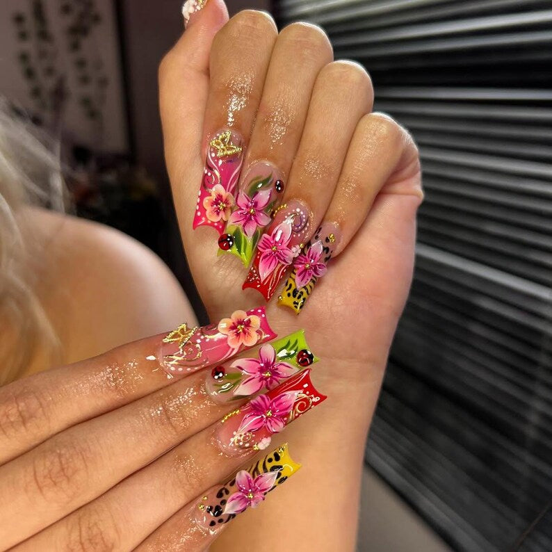 Tropical Floral Press On Nails | 3D Tropical Flowers Nail Art | Vibrant Ladybug Design Fake Nails | Bold Tropical Kawaii Nails