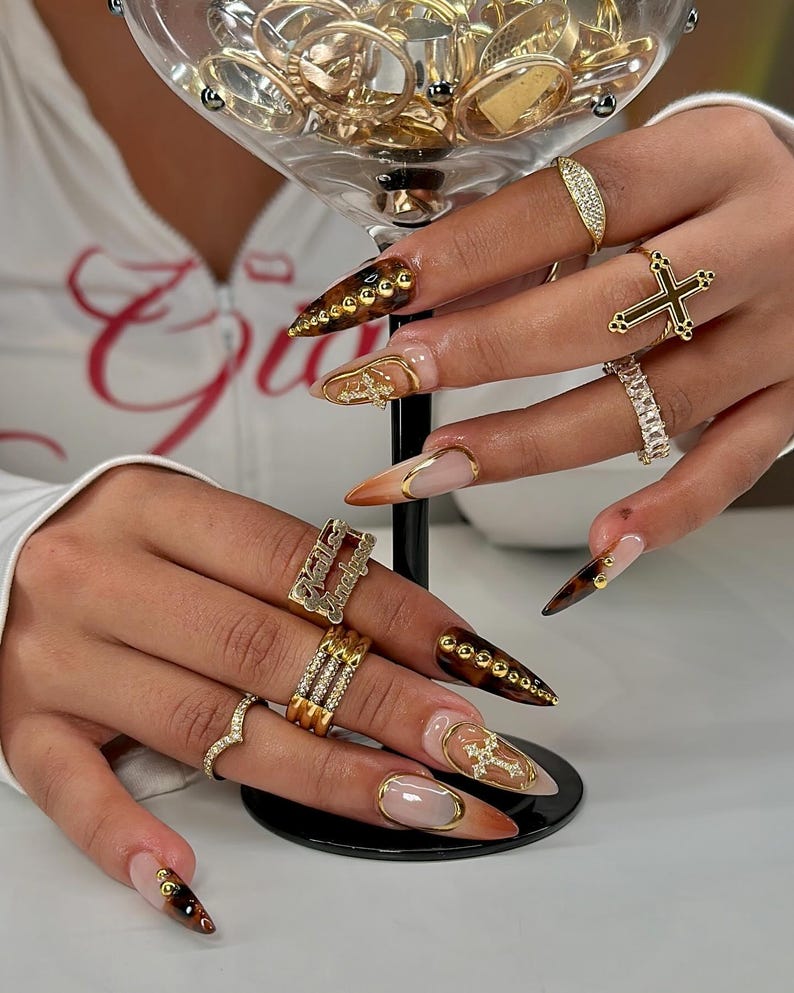 Gold Cross Gothic Long Stiletto Nails | Gothic Gold & Deep Burgundy Nail Art | Handmade Stiletto Nails | Elegant Fake Nails